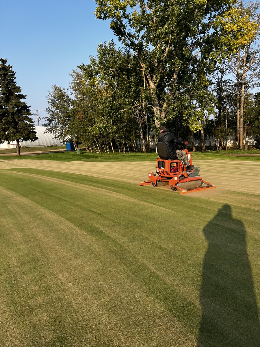 Busy day, greens 10-18 aerated, rolled, top dressed, brushed then watered in