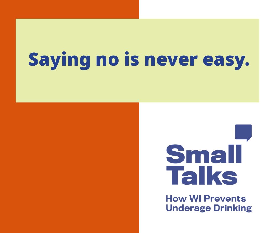 DHSWI's tweet image. Before kids go out, practice a few responses they can use in case they’re offered #alcohol:
🚗 “No, thanks! I’ll be the designated driver.”
🏈 “No, thanks. I have a game tomorrow.”
⏰ “No, thanks! I have to get up early tomorrow.”
➡ More: dhs.wisconsin.gov/small-talks/st… #SmallTalksWI