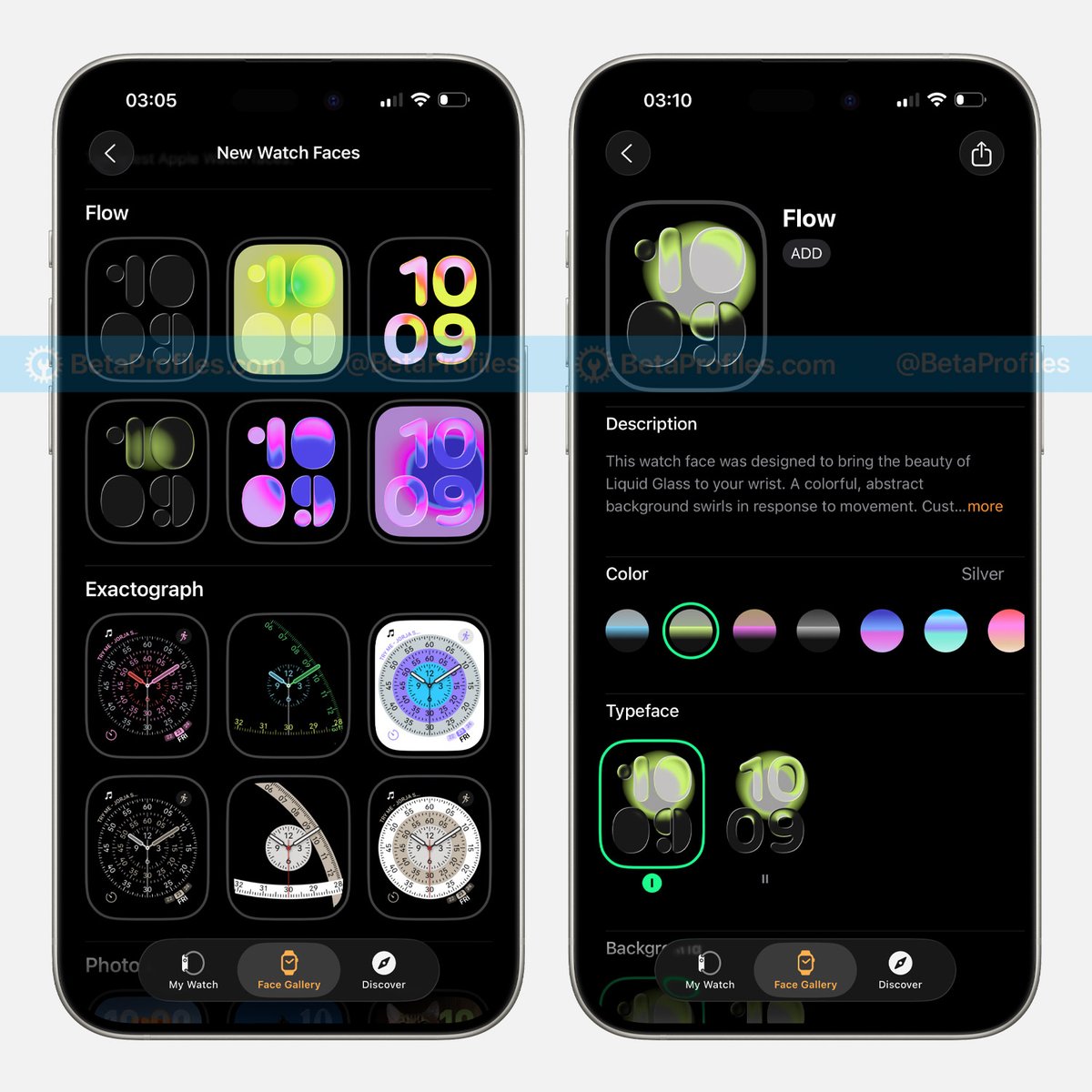 watchOS 26 RC adds four new watch faces, including:
- Flow (Liquid Glass look)
- Exactograph
- Waypoint (Apple Watch Ultra only)
- Hermès Faubourg Party (Apple Watch Hermès only)