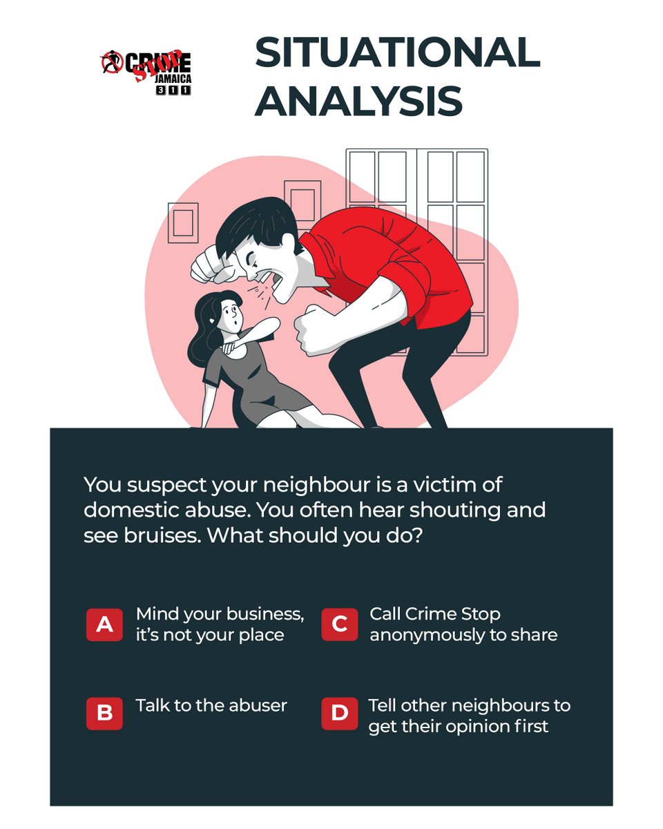CSJAMAICA's tweet image. You suspect your neighbour is a victim of domestic abuse. You often hear shouting and see bruises. What&apos;s the right choice?

A. Ignore it.
B. Talk to the abuser.
C. Call Crime Stop.
D. Tell other neighbours.

#DomesticAbuse #SafetyFirst #HelpIsHere #CrimeStop