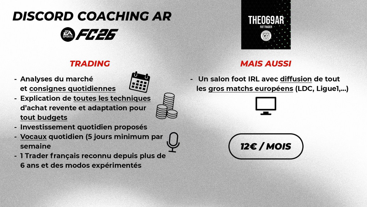 Theo69ar's tweet image. Pré-Inscriptions Discord A.R 💸

Mon discord A.R rouvre ces portes pour #FC26 !! 

Je vous y attend avec impatience comme depuis 6 ans maintenant ⭐️

Places limitées, pré-inscriptions jusqu’au 19 Septembre. 

Tarifs &amp;amp; Infos ⬇️
Dm moi pour te pré-inscrire 📩