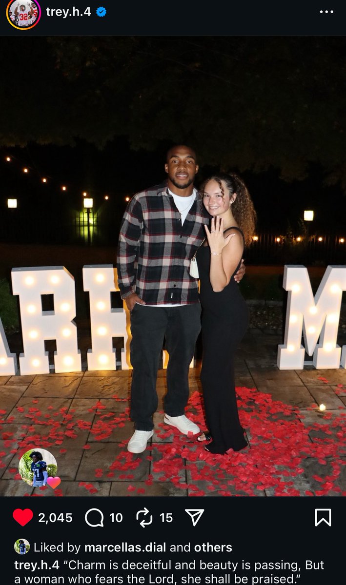 #Patriots rookie RB TreVeyon Henderson announced that he is engaged!

“‘Charm is deceitful and beauty is passing, But a woman who fears the Lord, she shall be praised.’ Proverbs 31:30 💍”

Congrats to them!! 🙏

(📸 trey.h.4 IG)