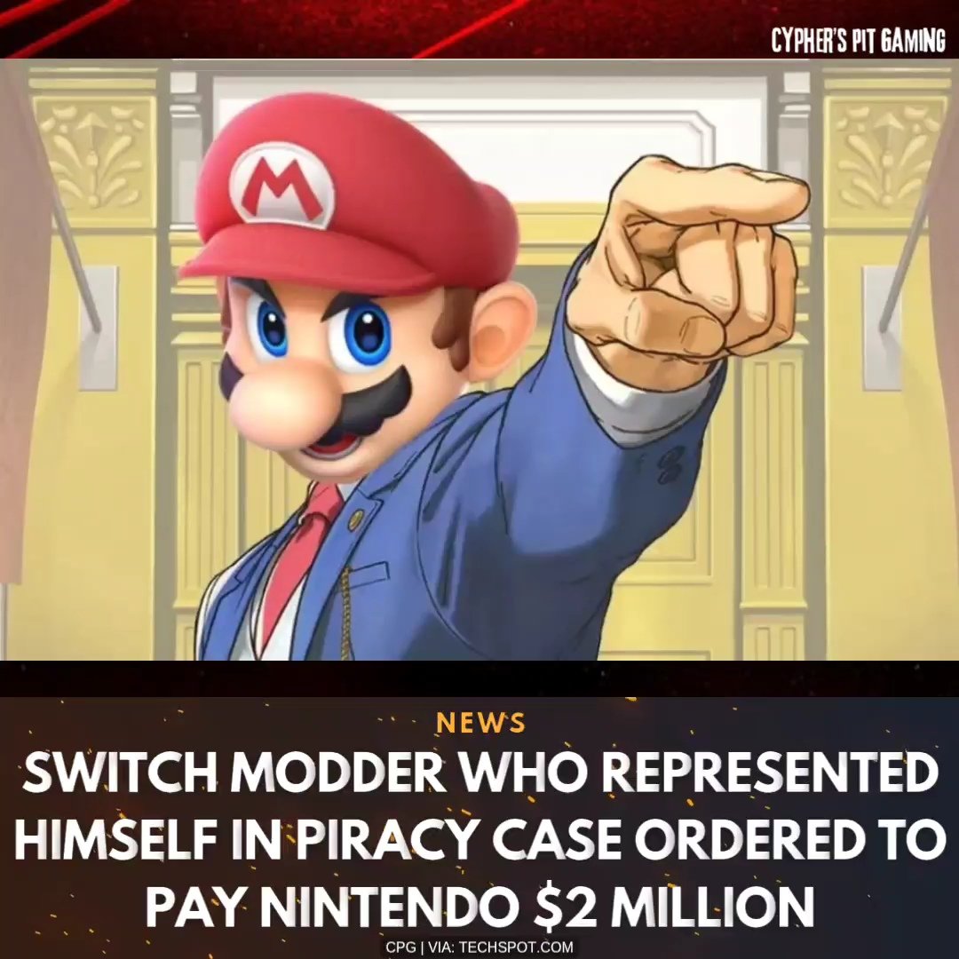 CyphersPitGamin's tweet photo. Switch modder who represented himself in piracy case ordered to pay Nintendo $2 million

#Nintendo #SwitchModder #NintendoSwitch #PiracyCase #GamingNews #NintendoLawsuit #VideoGameNews #GameIndustry #NintendoUpdate #LegalBattle #SwitchNews #GamingCommunity #GameLaw #NintendoFans https://t.co/BGDLs2i0t7