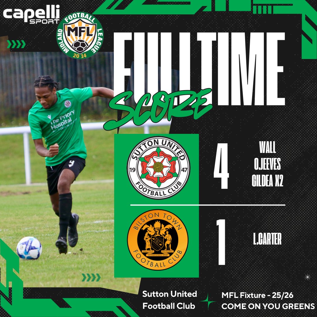 🔚 FT | Coleshill Road
Fans in full voice all night! 🙌
<a href="/BilstonTownFC/">Bilston Town FC</a> down to 10 in the 2nd half &amp; Sutton turned up the intensity – 4 goals, 3 points, massive performance. 💚

The Greens march on together. 👊⚽
#SUFC #WeAreUnited
<a href="/MidlandLeague/">Capelli Sport Midland Football League</a>