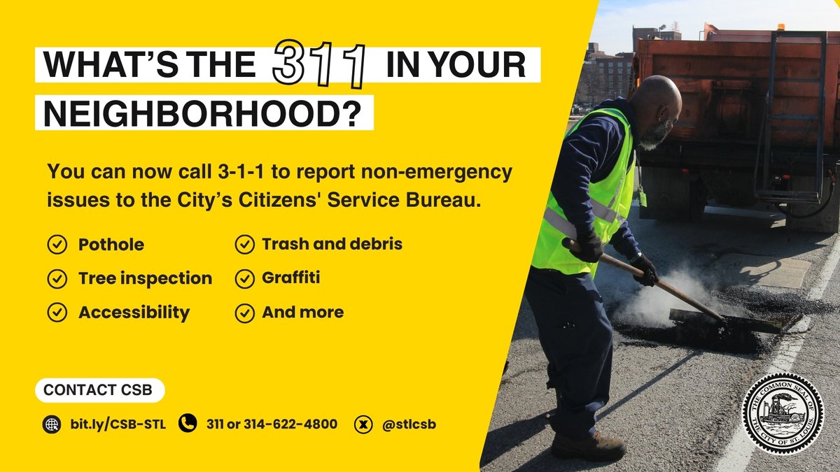 You can now report non-emergency issues to the City of St. Louis by calling 311.

Whether it's potholes, trees, trash or something else, we have made it easier to reach the Citizens' Service Bureau. 

Just call 311.