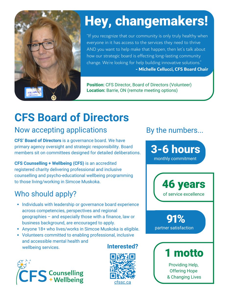 Are you interested in making your community the best it can be? Here's your chance! CFS Counselling + Wellbeing is now accepting applications for our Board of Directors. Apply today! tinyurl.com/ds3599pp #HopeLivesHere