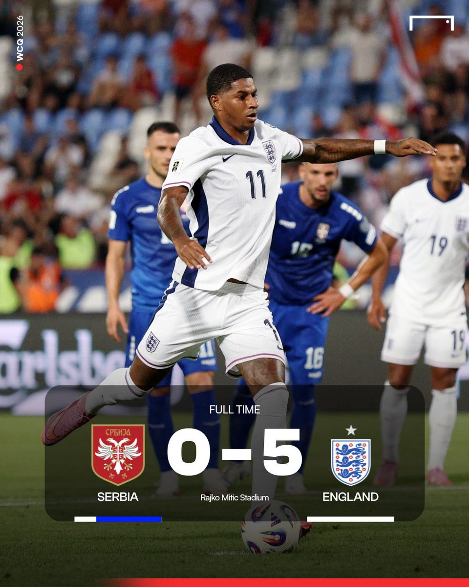 LIMA SEMPURNA 🖐

Inggris menggempur Serbia, menghancurkan mereka dengan telak sekaligus mengamankan kemenangan dalam 5 laga beruntun tanpa kebobolan satu gol pun, di Kualifikasi Piala Dunia 2026 Zona Eropa! 🔥

⚪️ Harry Kane 33'
⚪️ Noni Madueke 35'
⚪️ Ezri Konsa 52'
⚪️ Marc