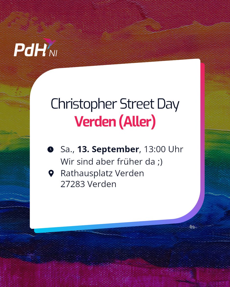 Diesen Samstag sind wir das zweite Jahr in folge in Verden! Zweiter CSD in Verden, zweiter CSD mit uns!
Wir sind stark, wir sind bunt, wir sind da! So muss es sein. Sei dabei!