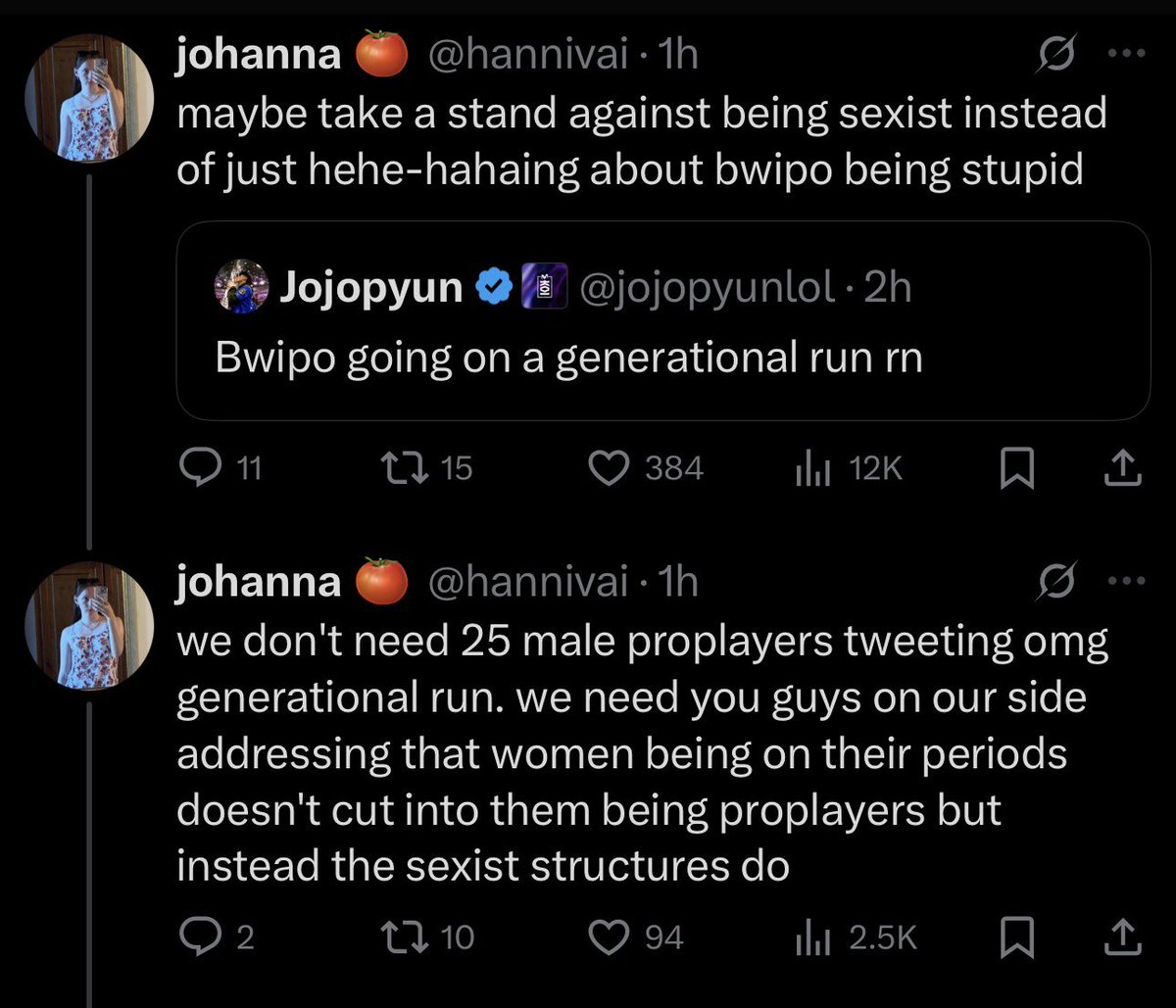 🚨 BREAKING 🚨

League of Legends fans are MAD at Jojopyun for joking about Bwipos comments 

Are Jojopyun and Bwipo good role models for children?