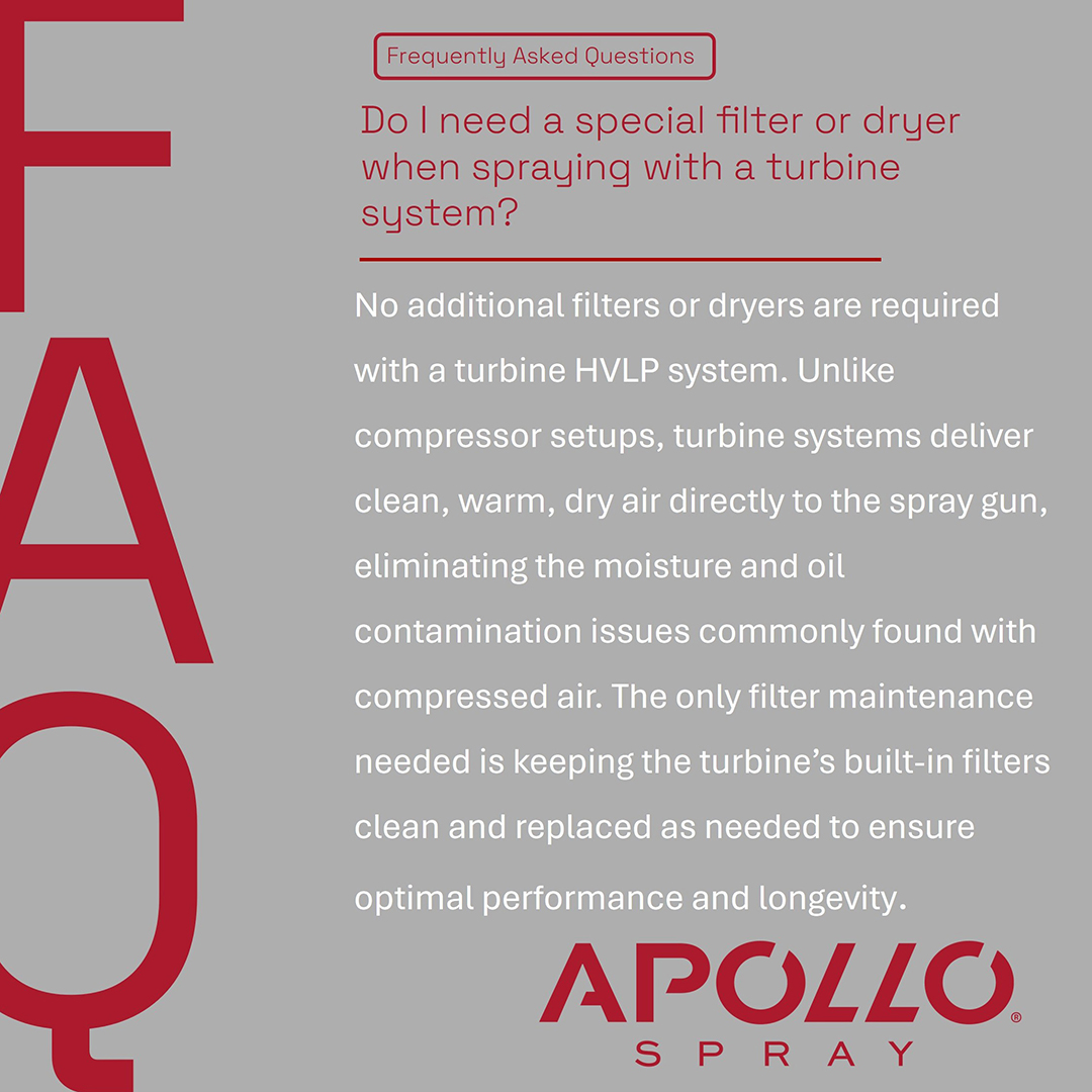ApolloSprayers's tweet image. Unlike compressor setups, turbine HVLP systems deliver clean, warm, dry air straight to your spray gun—no extra filters or dryers required. Just keep the built-in filters clean and replaced as needed for peak performance and longevity. #apollosprayers  #hvlp