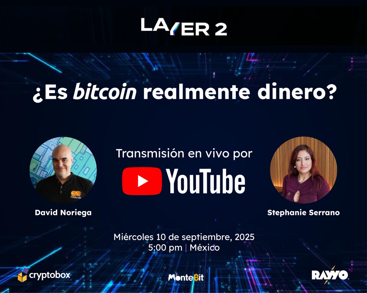 Mañana tenemos una cita en YouTube con <a href="/Layer_TwoMx/">Layer 2</a>, <a href="/BlueDavid/">David Noriega</a> y <a href="/stephan_serrano/">Sƚҽρԋαɳιҽ Sҽɾɾαɳσ⚡️</a> 

Te dejamos el link para la transmisión en vivo:
youtube.com/watch?v=VwIfZG…

#btc #Bitcoin #bitcoinenespañol #BitcoinDeFi