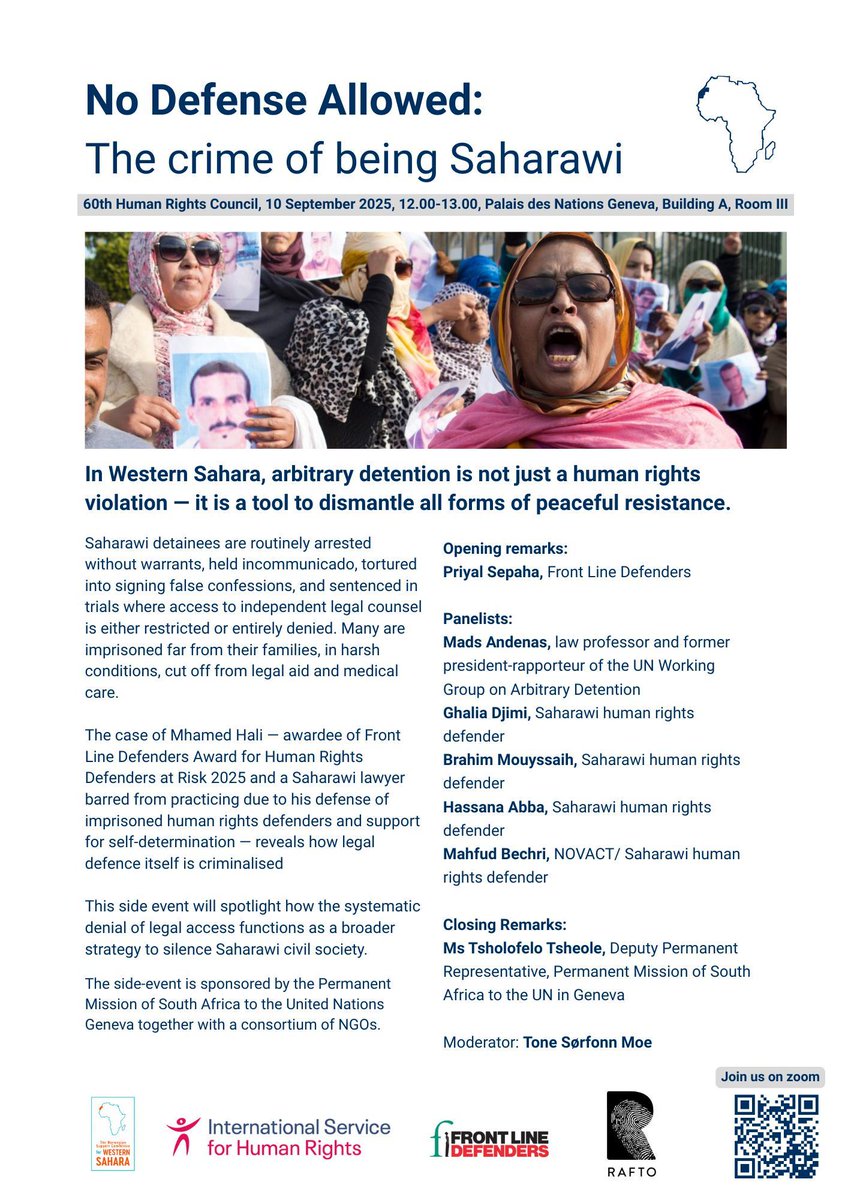 📍 GENEVA

Join Front Line Defenders and others tomorrow, 10 September, as part of the 60th Human Rights Council, to hear directly from brave Sahrawi human rights defenders on how the systemic denial of legal access to Sahrawis is used as a strategy to silence them on their own