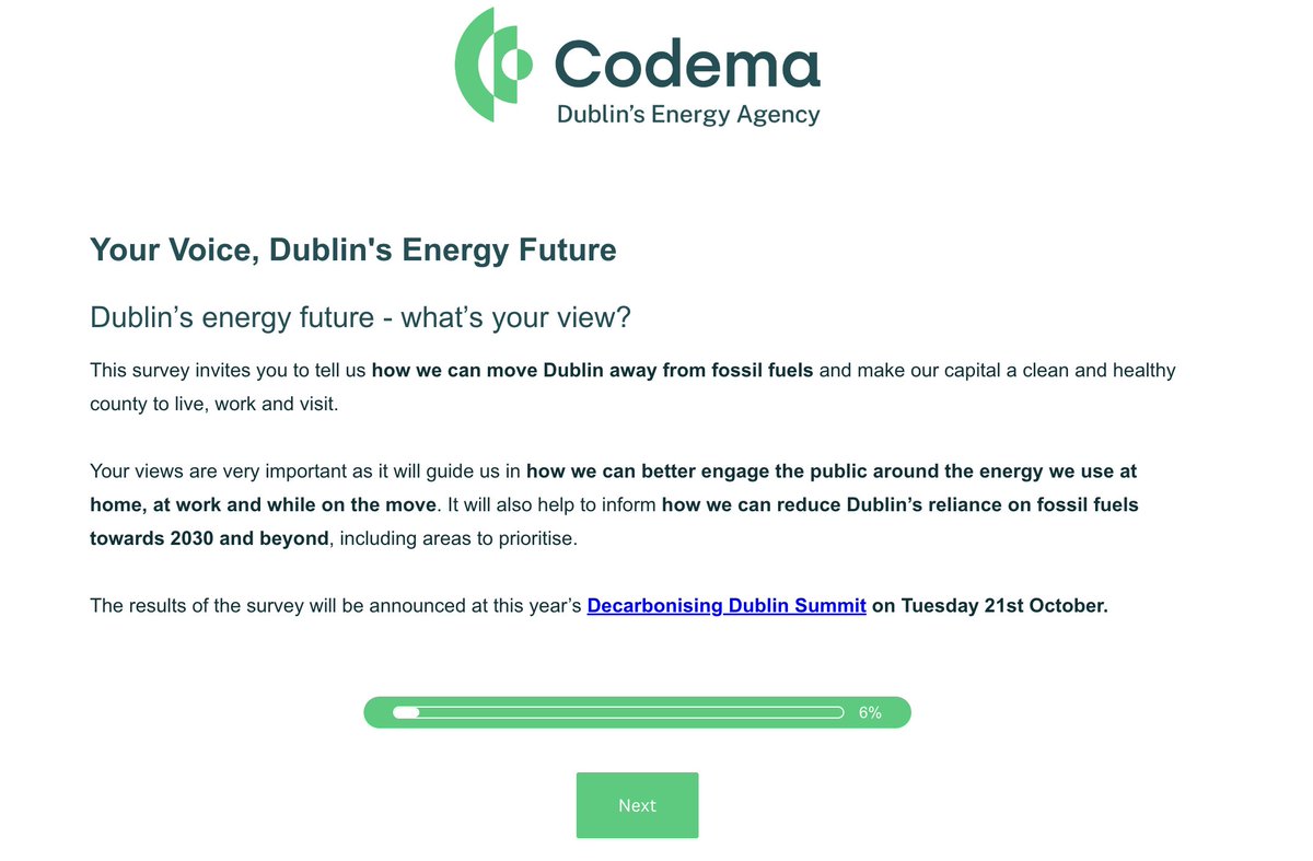 Codema - Dublin’s Energy Agency wants to know what you think about energy use in Dublin!

🌳 Your voice can help build a fossil fuel-free future for our capital. 

Have your say in how Dublin transitions to cleaner, greener energy. 

👉 Take the survey: bit.ly/3GIjkzN