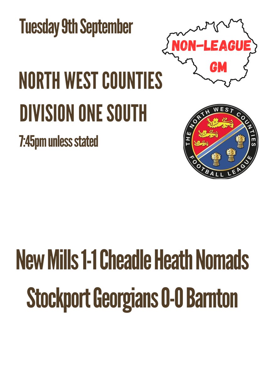 There were draws for both our sides in <a href="/nwcfl/">The NWCFL ⚽️</a> Div 1 South

<a href="/OfficialSGFC/">Stockport Georgians FC</a> sit just within the playoff places, &amp; <a href="/CheadleNomads/">Cheadle Heath Nomads</a> are hovering just above the relegation zone