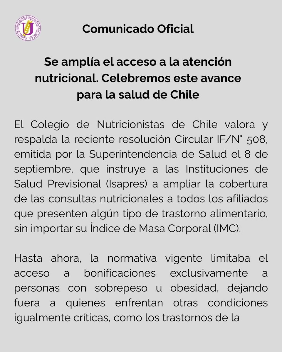 nutrichile's tweet image. 🙌 ¡Gran noticia para la salud en Chile!
La @SuperDeSalud   instruyó a las Isapres a ampliar la cobertura de las consultas nutricionales para todas las personas con trastornos alimentarios . Desde el @nutrichile  celebramos este avance!