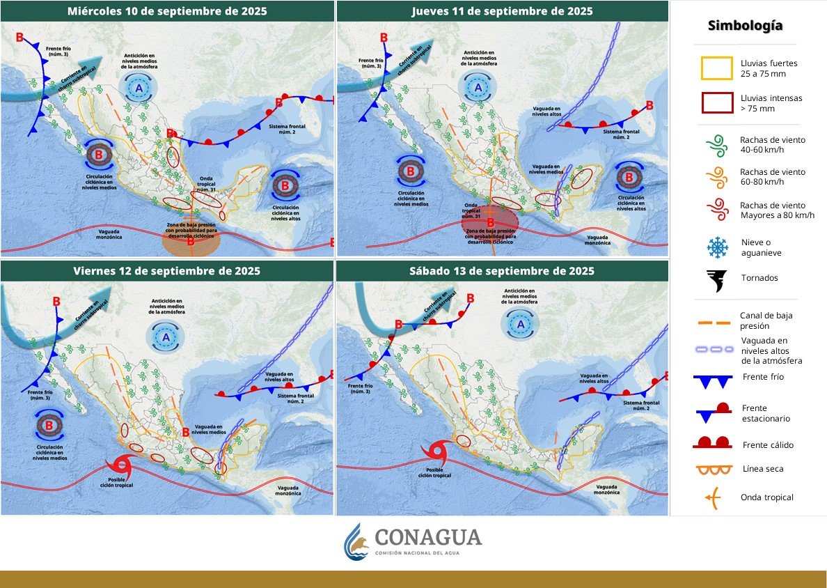 conagua_clima's tweet image. Para mañana se pronostican #Lluvias intensas en regiones de #Tamaulipas, #SanLuisPotosí, #Guerrero, #Oaxaca, #Puebla, #Veracruz, #Chiapas y #Tabasco. El #Pronóstico para los siguientes 4 días en #México, consúltalo en  smn.conagua.gob.mx/es/pronosticos…