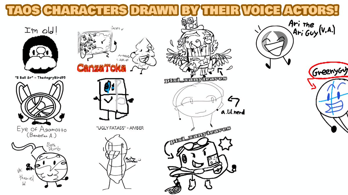 ArkiversTAOS0SC's tweet image. TAOS characters drawn by their respective voice actors! (Omg finally a real sneak peak)

1. Not every V.A. is here
2. Animatic isn&apos;t in taos, but @GreenyFunny is actually involved in our show! 

#OSC #objectshow #osctwt