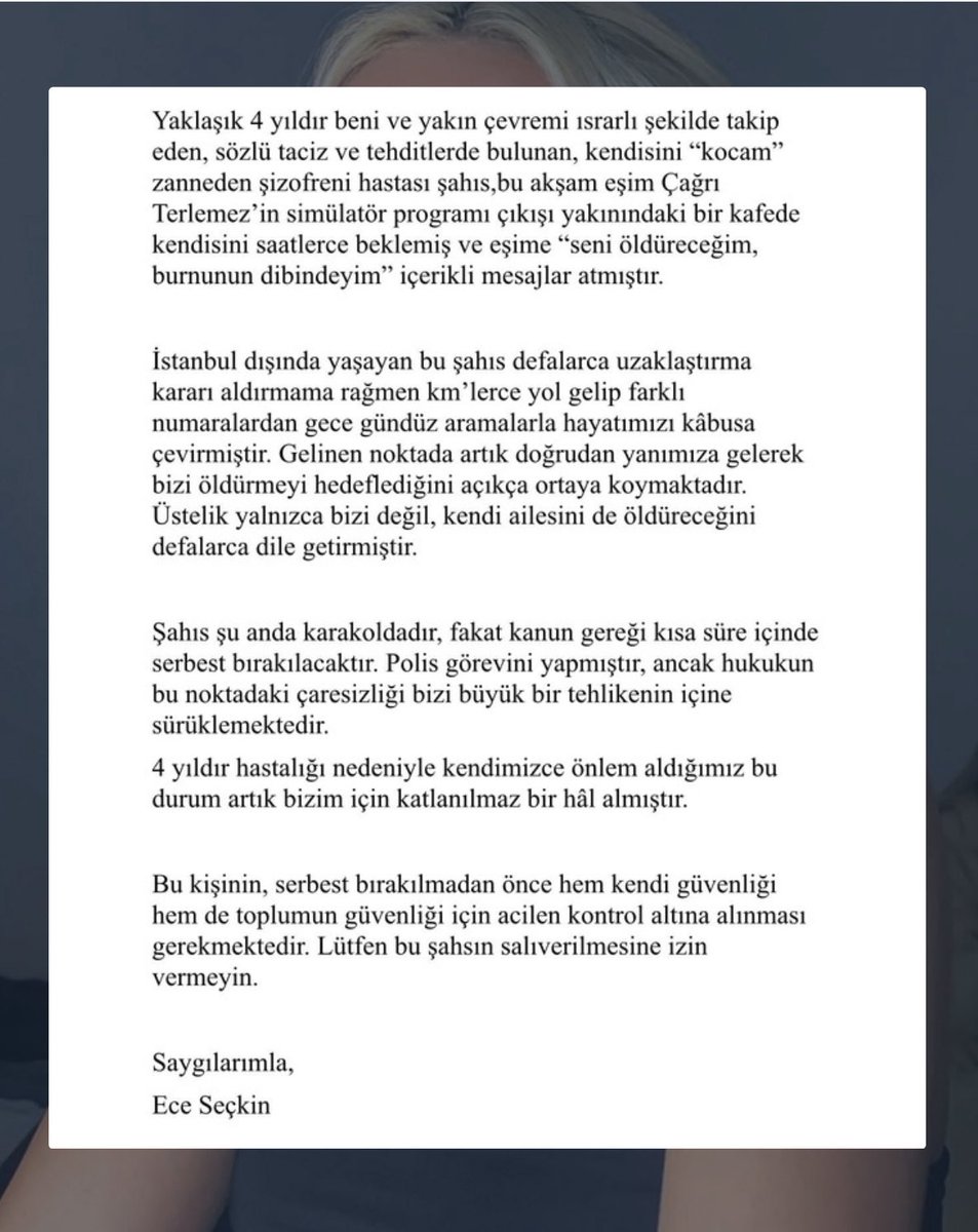 Ece Seçkin’in yanındayız. BU KADINI ARTIK KORUYUN! Senelerdir kendisini ve çevresini ısrarlı takip ve taciz eden bir şizofreni hastasıyla mücadele ediyor. 

<a href="/EmniyetGM/">Türk Polis Teşkilatı</a> <a href="/TC_icisleri/">T.C. İçişleri Bakanlığı</a>