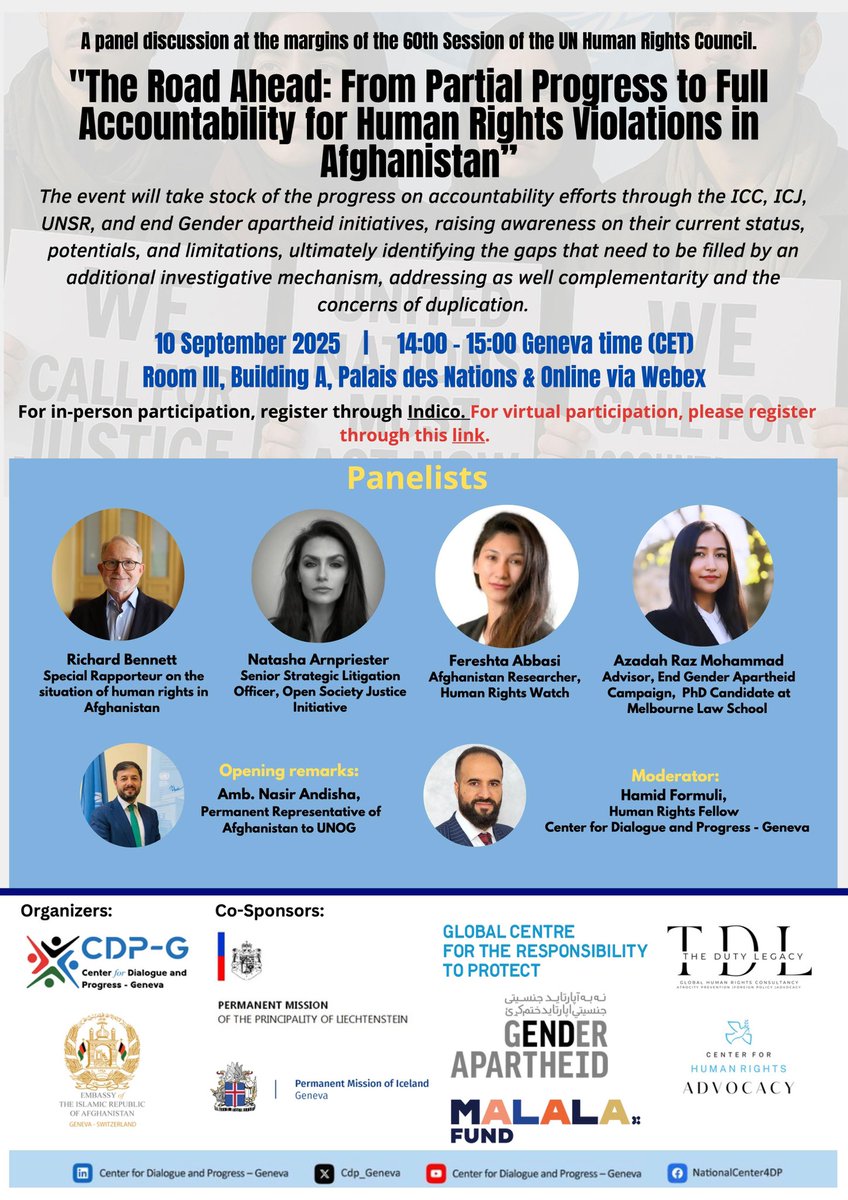 Join our #HRC60 panel today on accountability for #Afghanistan: progress on #SR mandate, potential ICJ case &amp; codifying #GenderApartheid—plus gaps warranting an investigative mechanism.
⏰2 – 3 pm CET📍Room III, UN Geneva (in person)
🔗 Register Online: forms.gle/Vqp7uE7sK39YZo…
