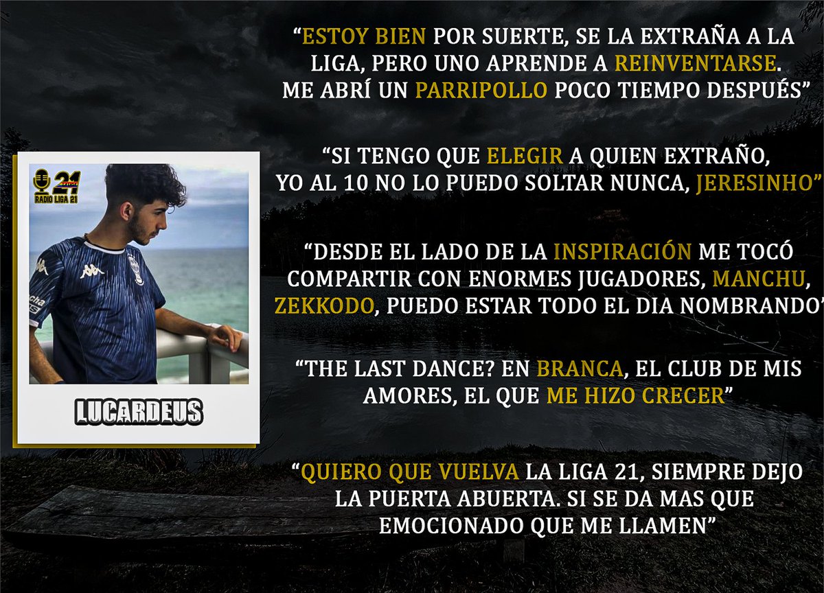 🎙️ - Lucardeus

El ex volante campeón del Deportivo Branca, AyC, Etc..  Paso por las oficinas de la Radio Liga 21 y reapareció, ahora con un Parripollo. #PostLiga21. 

Fachero, Gran Jugador y Mejor Persona, Encima trabajador, lo tiene todo, solo le faltaría un The Last Dance..