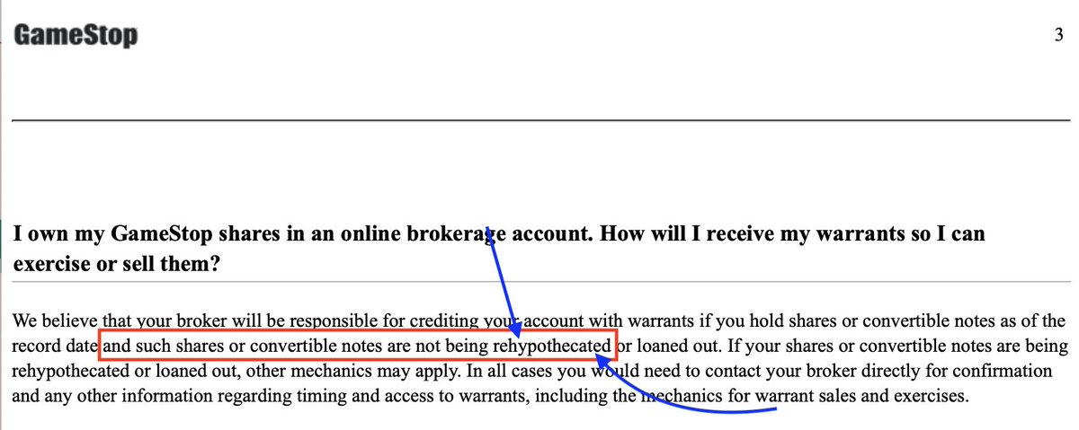 I wasn't obvious enough. 

$GME is acknowledging share rehypothecation square in the face and saying "no warrants for you, brokers!" if they do not have an actual share to represent every client share on their books.

..since account holders with GameStop shares in their