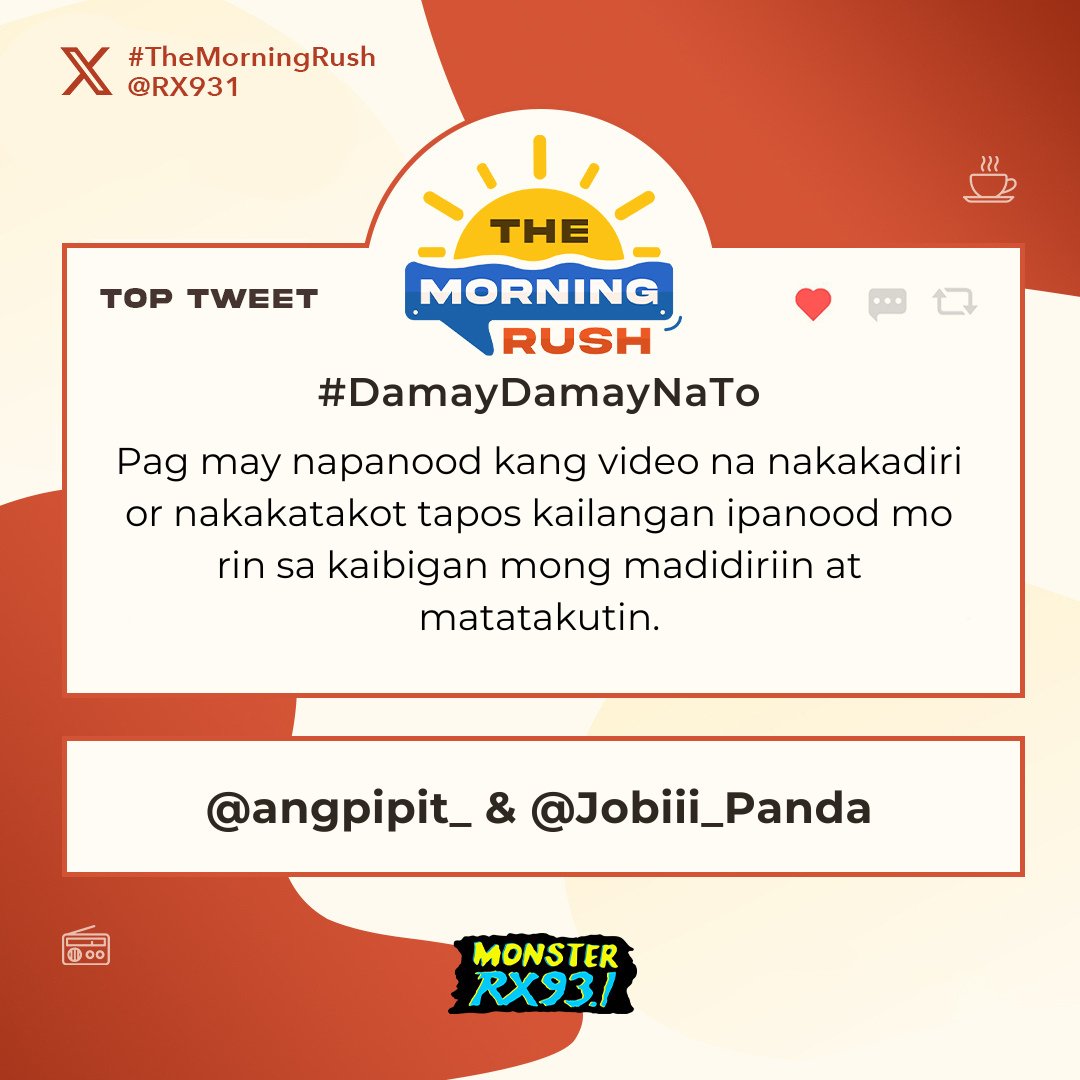 RX931's tweet photo. Top Entry: #DamayDamayNaTo from @angpipit_ and @Jobiii_Panda #TheMorningRush https://t.co/8YVLVNGev3