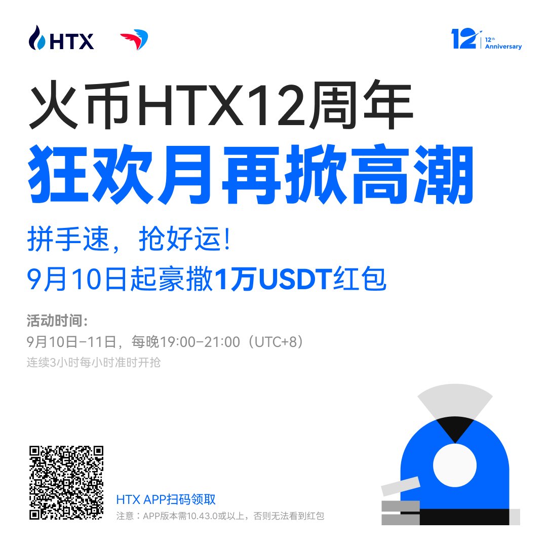 🚀火币HTX12周年狂欢月再掀高潮🧧拼手速，抢好运！HTX携手@payprotocol 9月10日起豪撒1万USDT红包⏰9月10日–11 日，每晚19:00–21:00（UTC+8） 连续3⃣小时每小时准时开抢！ 活动开始前，你还可以来参加“亮点星球”任务！ 🔗  https://t.co/U1HFhYYhb1