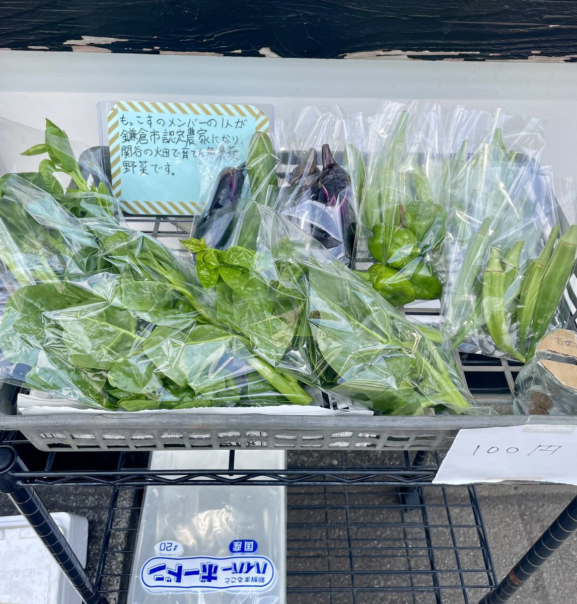 今日はたくさん持って来ました。

オクラ、ナス、キュウリ（地這）、ツルムラサキ。
全部100円です。お金入れ瓶に入れておいてください。

もっこす前で売ってまーす🙇🙏