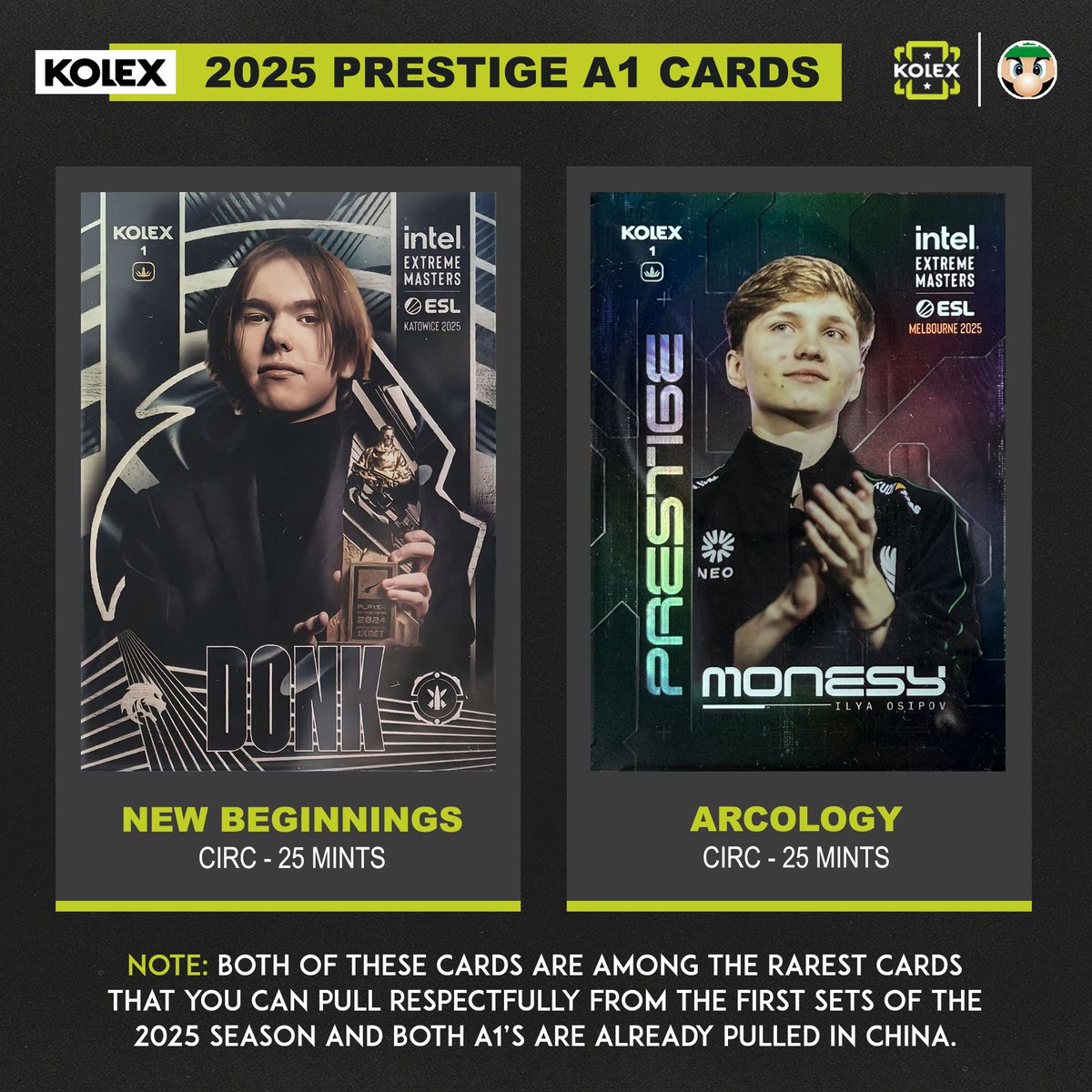 lu1gi_csgo's tweet image. Which one would you rather have? 🥵
Now that both A1 prestige chase cards have been already pulled from the two new sets, how much do you think they could be worth?
And which design do you like better?
#KolexCards | 💭