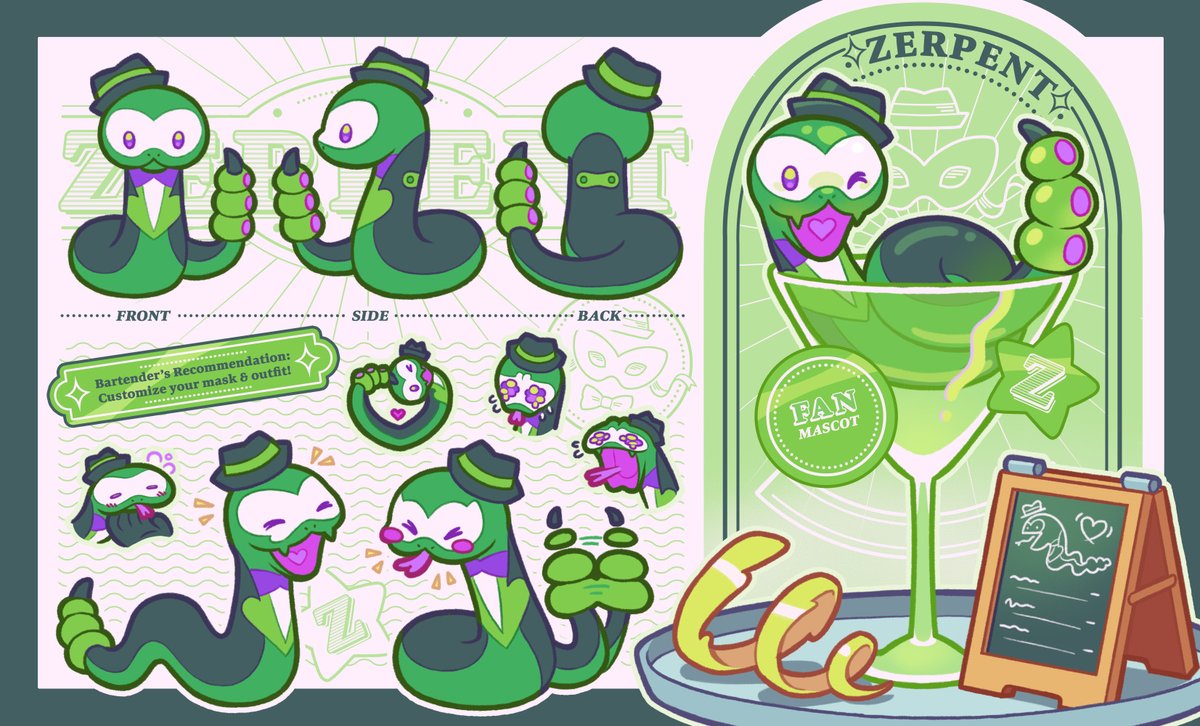 ZealGinjoka's tweet image. Introducing the official Zerpent Fan Mascot design !!
🐍🍸✨

Designed by @/Crispy6usiness !!