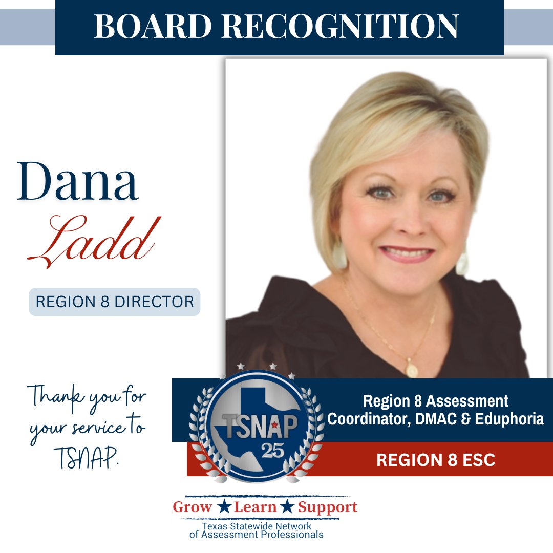 Today, we acknowledge the hard work and dedication of Dana Ladd, Region 8 ESC, serving as Regional Director for Region 8 on the TSNAP Board of Directors. Thank you for all that you do for our TSNAP members. #growlearnsupport
<a href="/ESCRegion8/">ESC Region 8</a> <a href="/danaladd/">Dana Ladd</a>