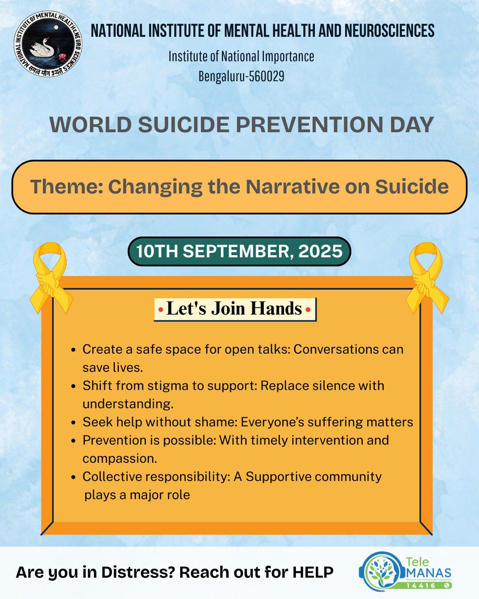 NIMHANS_BLR's tweet image. On this World Suicide Prevention Day 2025, let’s challenge silence with conversation, judgement with empathy, and despair with hope. Together, we can #ChangeTheNarrative on suicide.
#WorldSuicidePreventionDay #MentalHealth