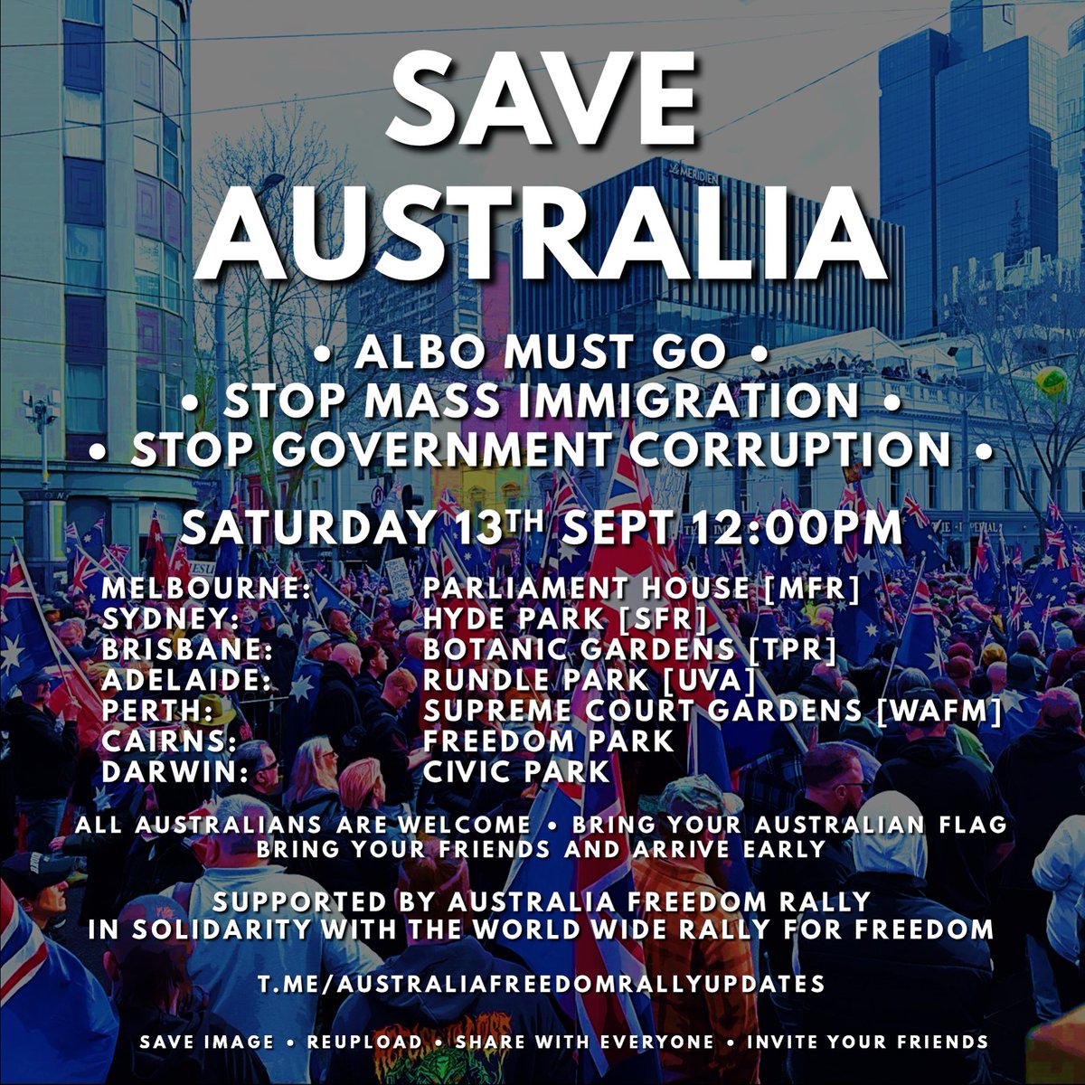 This Saturday, 13th of Sept, many cities around the Western World are standing up to fight back against their governments.

Australia is joining this International Movement.

Which other Events are being hosted on 13th Sept around the world?