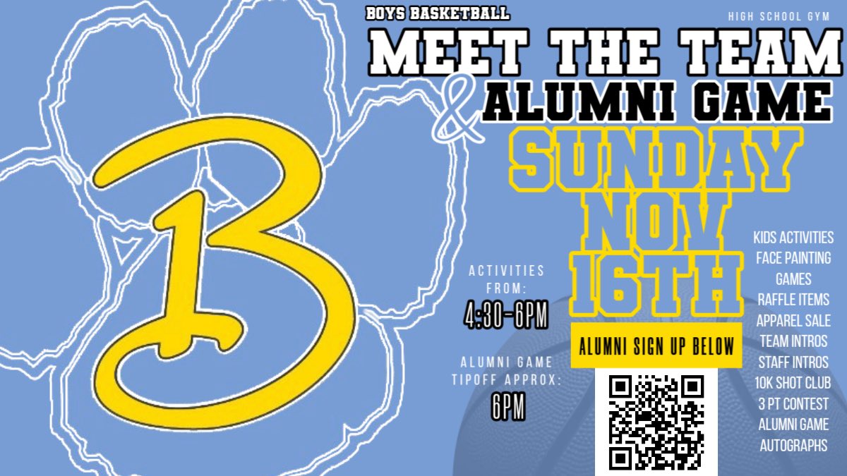 Meet the Team / Alumni Game details❕

📅: Sunday, November 16th
⏰: Activities at 4:30pm &amp; tipoff at 6pm
📍: The Tub

Open to the community! 

Alumni sign up: cognitoforms.com/Bath5/AlumniGa…