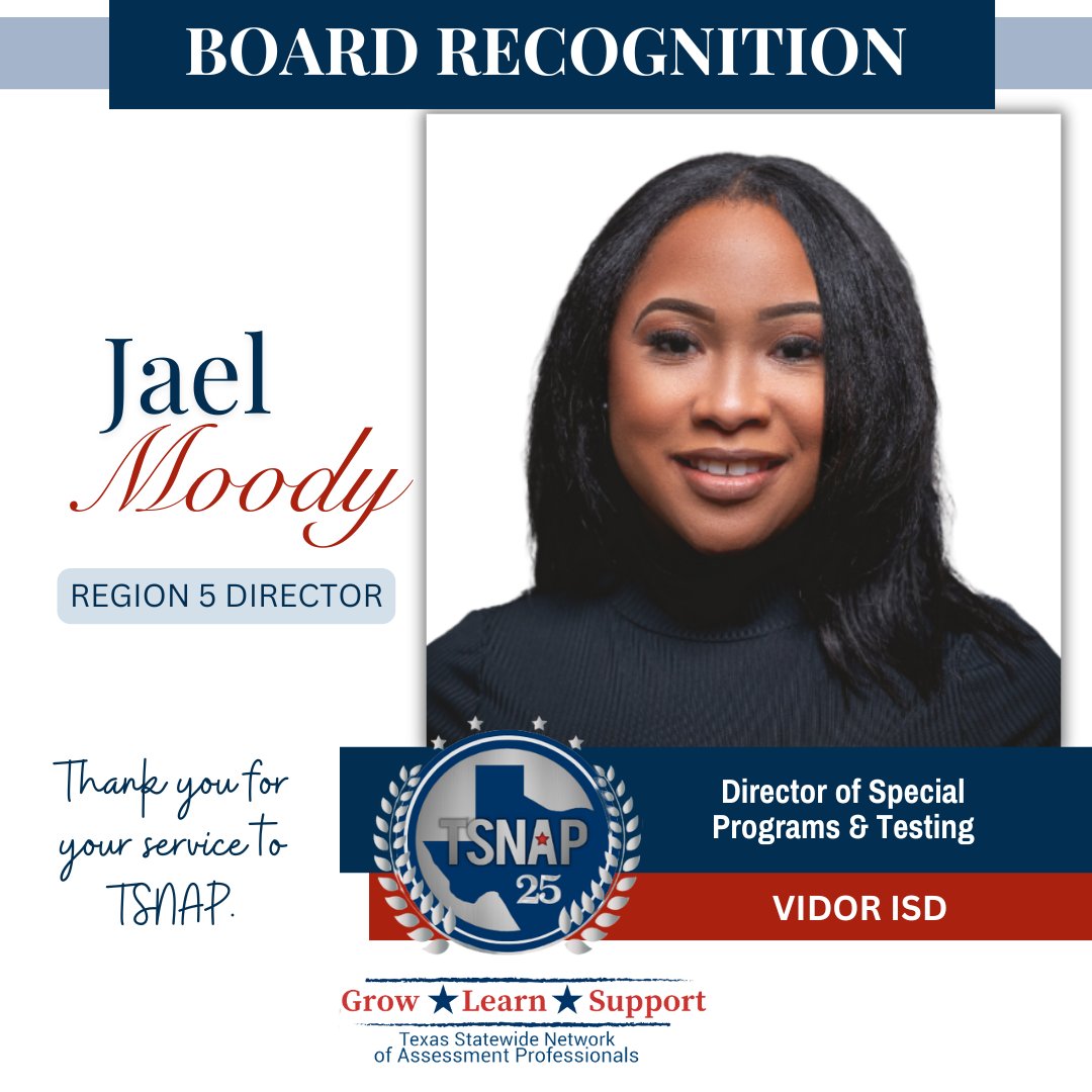 Today, we acknowledge the hard work and dedication of Jael Moody, Vidor ISD, serving as Regional Director for Region 5 on the TSNAP Board of Directors. Thank you for all that you do for our TSNAP members. #growlearnsupport @vidorisd