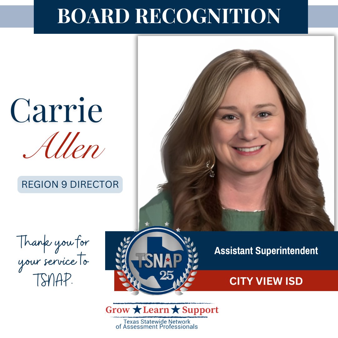 Today, we acknowledge the hard work and dedication of Carrie Allen, City View ISD, serving as Regional Director for Region 9 on the TSNAP Board of Directors. Thank you for all that you do for our TSNAP members. #growlearnsupport <a href="/CVISD1/">City View ISD</a>