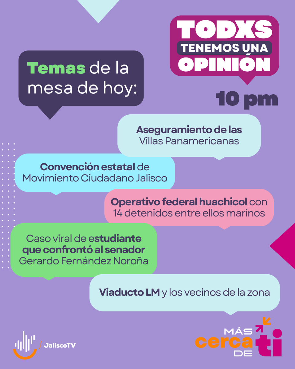 📺 No te pierdas hoy una nueva mesa política de #TodxsTenemosUnaOpinión con <a href="/mafaldawario/">Mafalda Wario García</a> y nuestros invitados:

👉 <a href="/FatimaLopezFem/">Fátima López</a> 
👉 <a href="/patysanchez_g/">Patricia Sánchez</a> 
👉 <a href="/albertorazoo/">Alberto Razo</a> 
👉 <a href="/baezamanuel/">Manuel Baeza</a> 
👉 Roberto Medina

🕙 A las 10:00 pm por Jalisco TV 17.1 o en vivo en:
