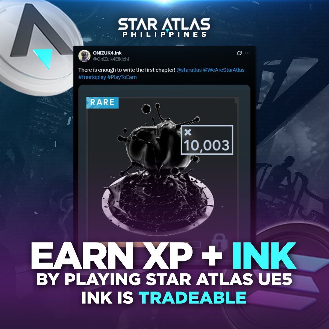 masterkamote_'s tweet photo. Did you know that EARN while playing @staratlas  UE5! 

🔥 Introducing INK — the exclusive resource you’ll score by gaining XP in official Shooter & Racing matches.

💡 What you NEED to know about INK:
▪️ 100% tradable & in HOT demand
▪️ Ink is airdropped periodically
▪️ Track your stash on the Rewards Page 📜

Earn while you play.  🌌
Get your access here 🔗 https://t.co/vfkxBmy8eD