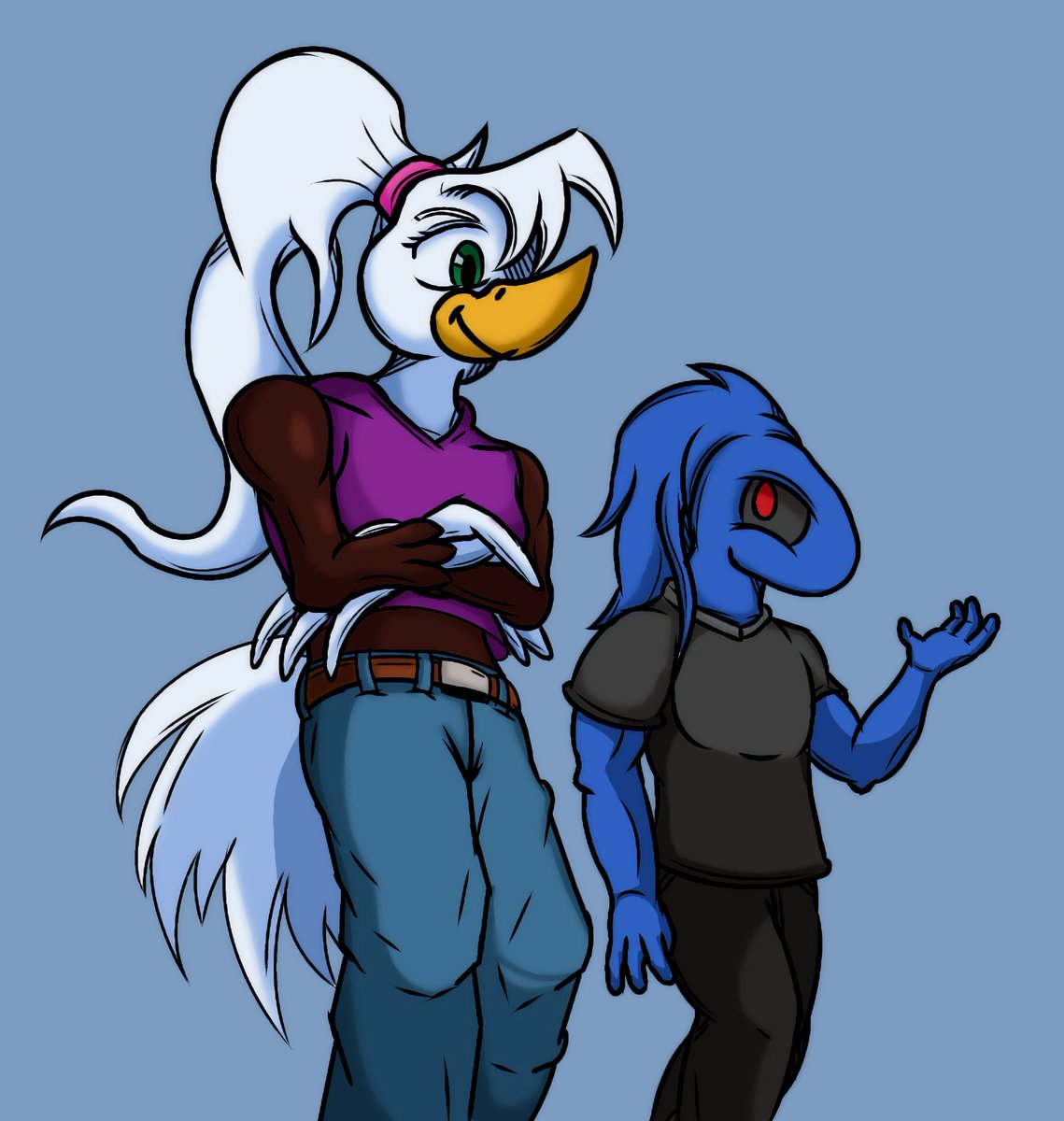 Me regalaron este dibujo, de mi oc y el monoazul gracias