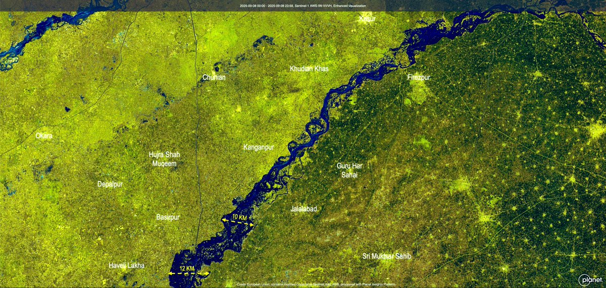 Flood in Sutlej from Space!

This Sentinel-1 image from Sep 8, 2025 captures the scale of flooding along the India–Pakistan border. Unlike optical satellites, which were blocked by heavy clouds, SAR can penetrate cloud cover and show the true extent of the disaster.

#Floods2025