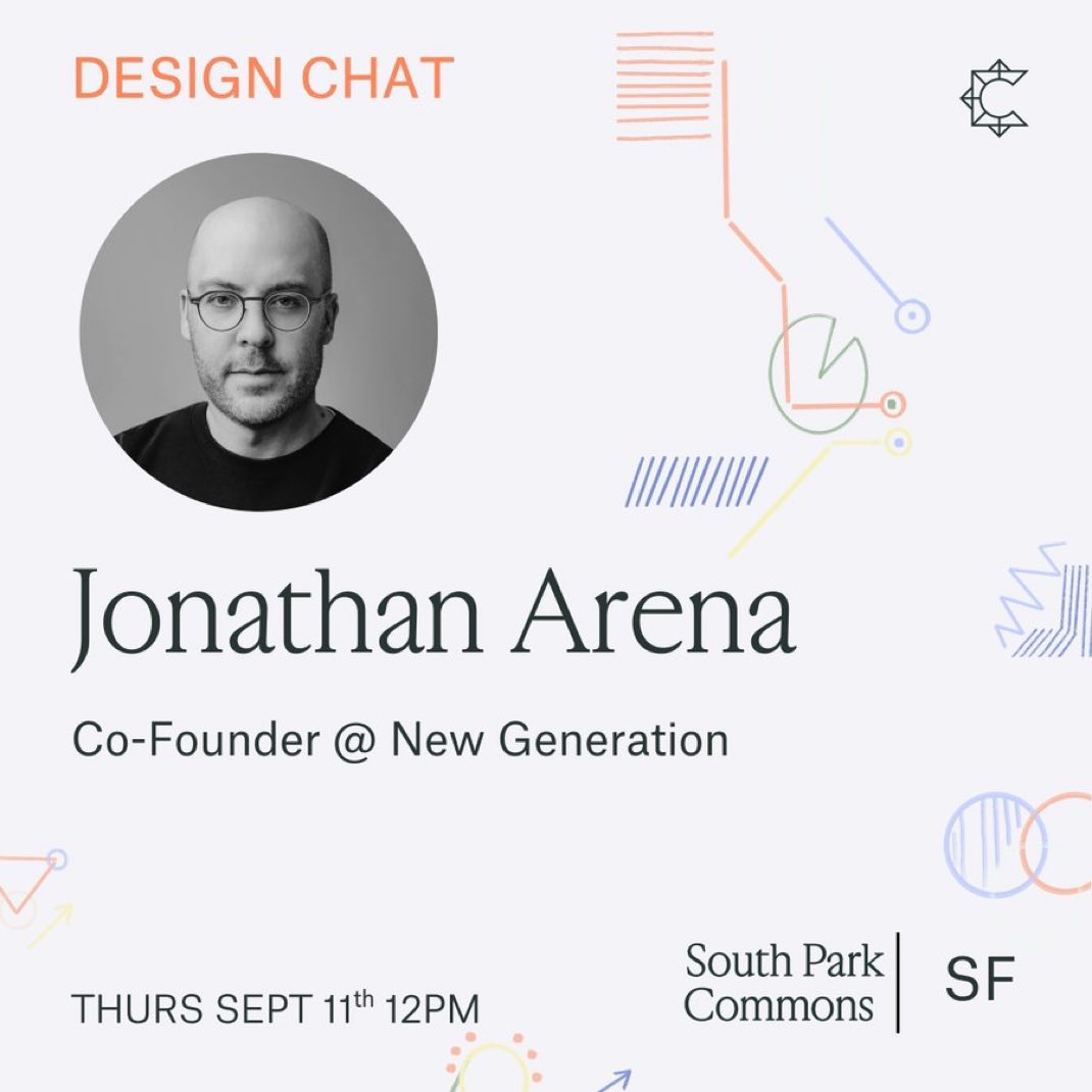 This Thursday 12:00 at <a href="/southpkcommons/">South Park Commons</a> 

I’ll be interviewing <a href="/jonathan_arena/">Jonathan Arena</a> as part of a design fireside series hosted by SPC

We’ll talk about entrepreneurship in the age of AI and what that experience is like on the ground for a designer founder

Space limited—RSVP below