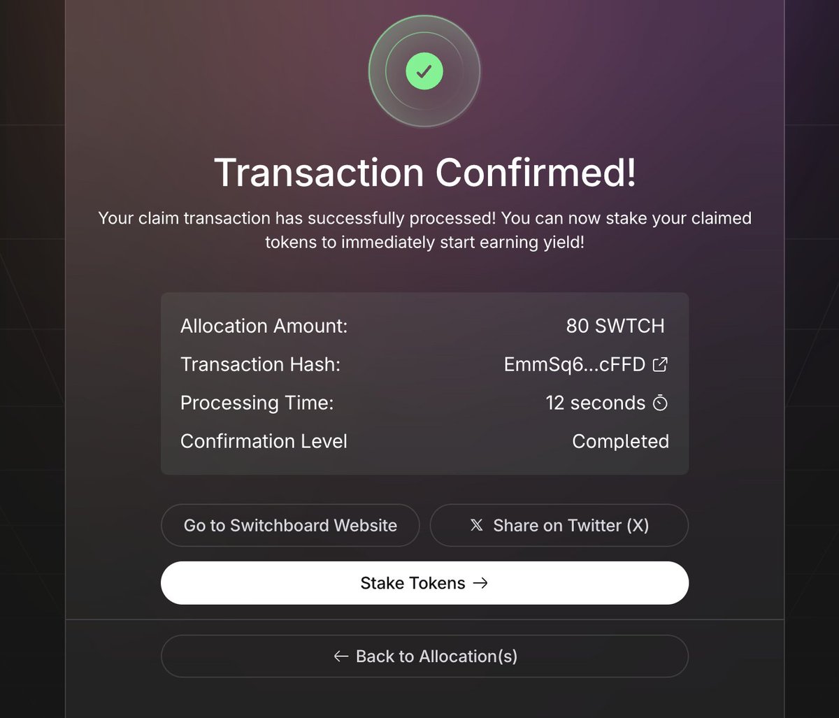 Sam (Jumper Enjoyoor π) (@sam6170) on Twitter photo I just claimed a total sum of 80 $SWTCH tokens.. 
Looks like i interacted with the switchboard oracle by interacting with some protocols on the Solana Ecosystem. 
You can go to claim.switchboard.foundation then you would connect your wallet to check if you have gotten an allocation. I just claimed a total sum of 80 $SWTCH tokens.. 
Looks like i interacted with the switchboard oracle by interacting with some protocols on the Solana Ecosystem. 
You can go to claim.switchboard.foundation then you would connect your wallet to check if you have gotten an allocation.
