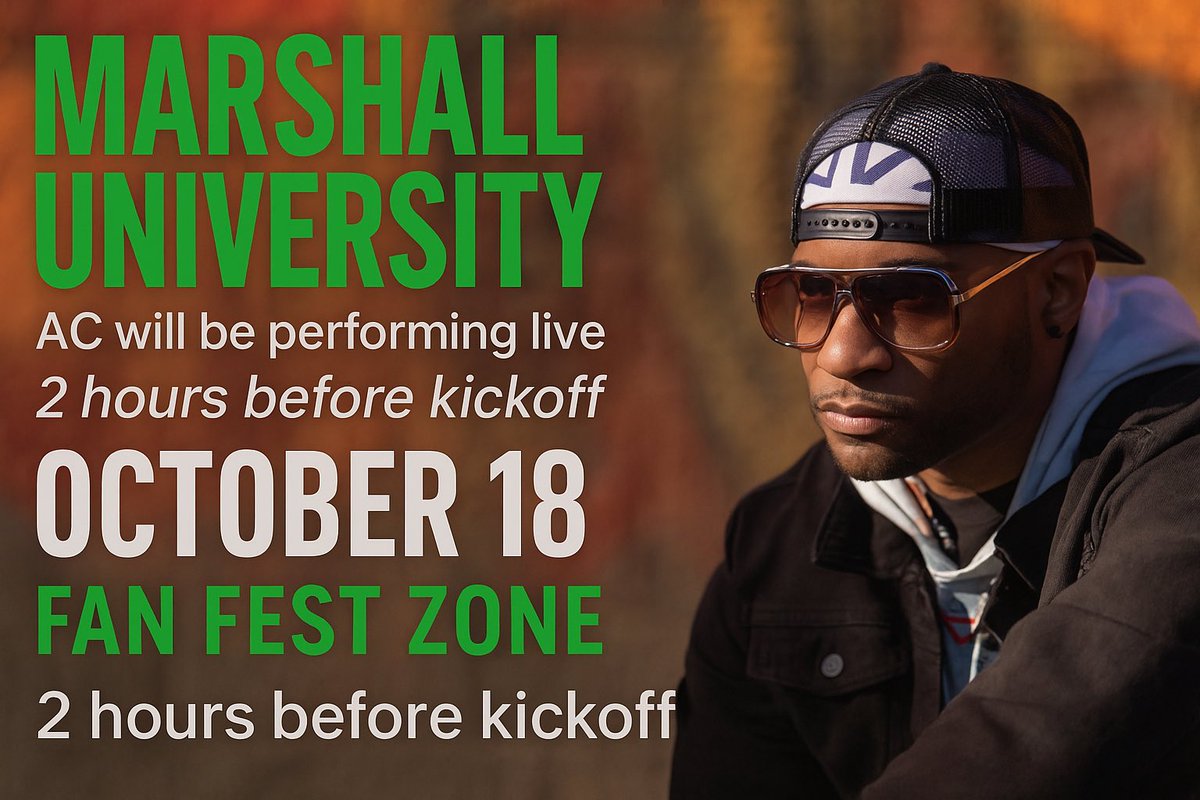Performing live at Marshall University 💚🤍
📍 Fan Fest Zone
📅 October 18 | 2 hours before kickoff
Pull up and let’s get it 🔥
#MarshallU #ACLive #WeAre