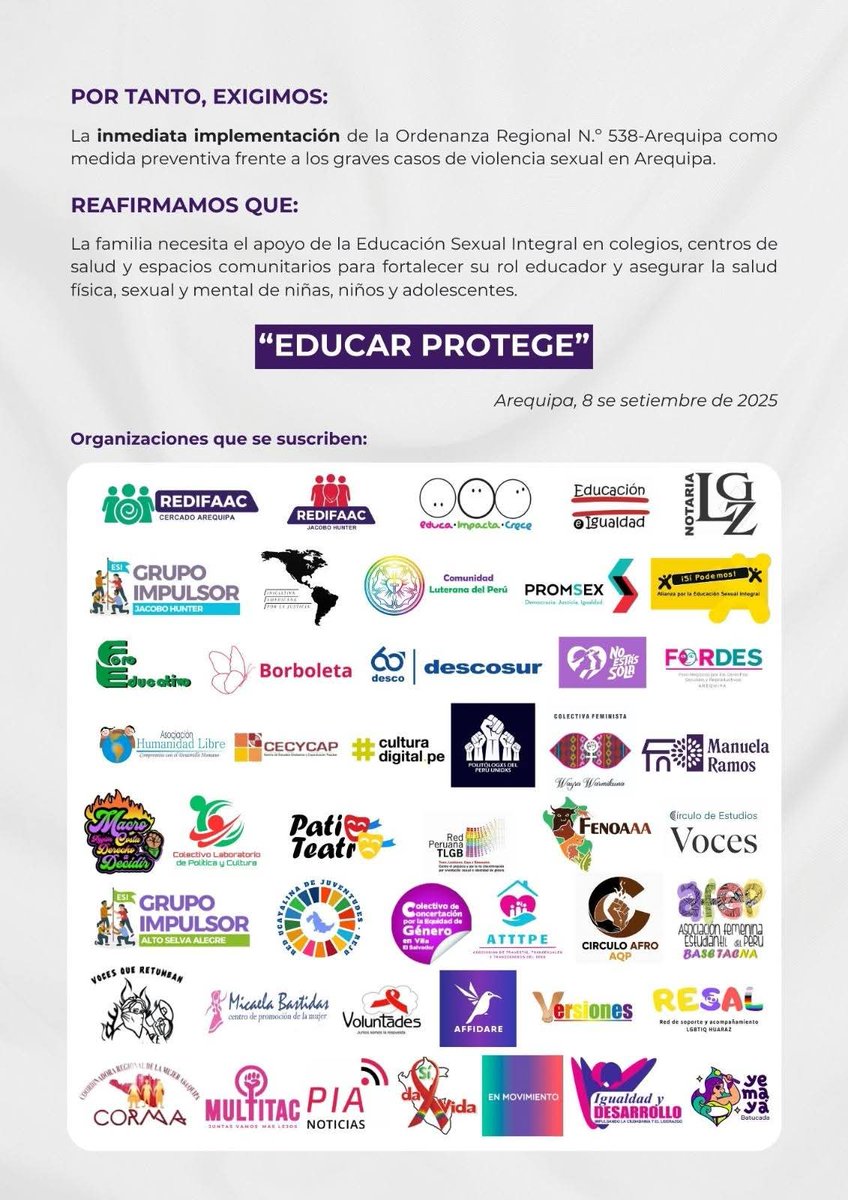 📢 Foro Educativo se adhiere junto con las madres, padres de familia, docentes, instituciones y organizaciones de la sociedad civil de Arequipa para manifestar, a través de este pronunciamiento, su apoyo a la Ordenanza Regional N.º 538-Arequipa, que promueve la implementación de
