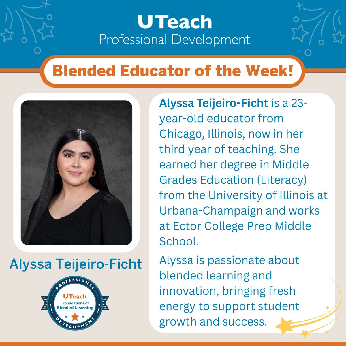 Spotlight on Alyssa Teijeiro-Ficht 🌟 7th Grade Learning Lab/ELAR Lead at Ector College Prep MS. A standout in our Foundations of Blended Learning cohort, she brings passion, innovation &amp; fresh energy to her classroom. Join us in celebrating Alyssa! #UTeachPD #BlendedLearning