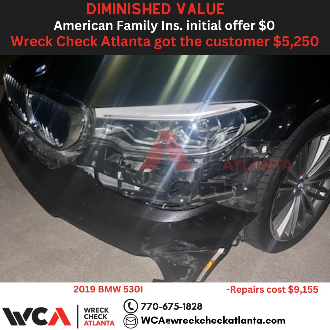 WreckCheckAtl's tweet image. 🚘💥 2019 BMW 530i had $9,155 in damages. American Family tried to deny DV because of a prior accident ❌—a common excuse insurers use. Our client invoked the appraisal clause, we negotiated, and secured $5,250. Another win for our client! 💪 #DiminishedValue #WreckCheckAtlanta