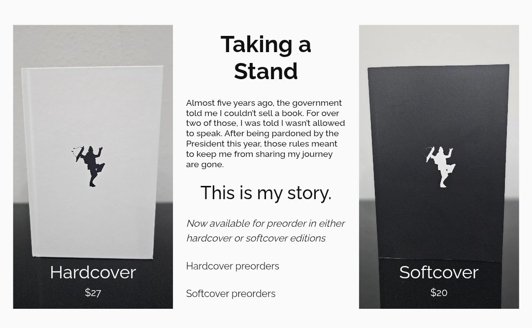 Almost five years ago, the government told me I couldn’t sell a book. For over two of those, I was told I wasn’t allowed to speak. After being pardoned by President Trump this year, those rules meant to keep me from sharing my journey are gone.
This is my story.

Pre-orders are