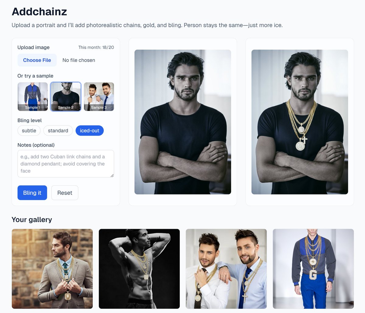 GrahamFleming_'s tweet image. ✨ Just launched: @AddChainz! 

Turn any portrait into iced-out perfection with great looking chains &amp;amp; bling. Minimal or full drip, your call.

Subtle, Standard, or Iced-out vibes that matches your lighting &amp;amp; pose perfectly. Fast, fun, and free to start.

Don&apos;t wait Add Chainz…