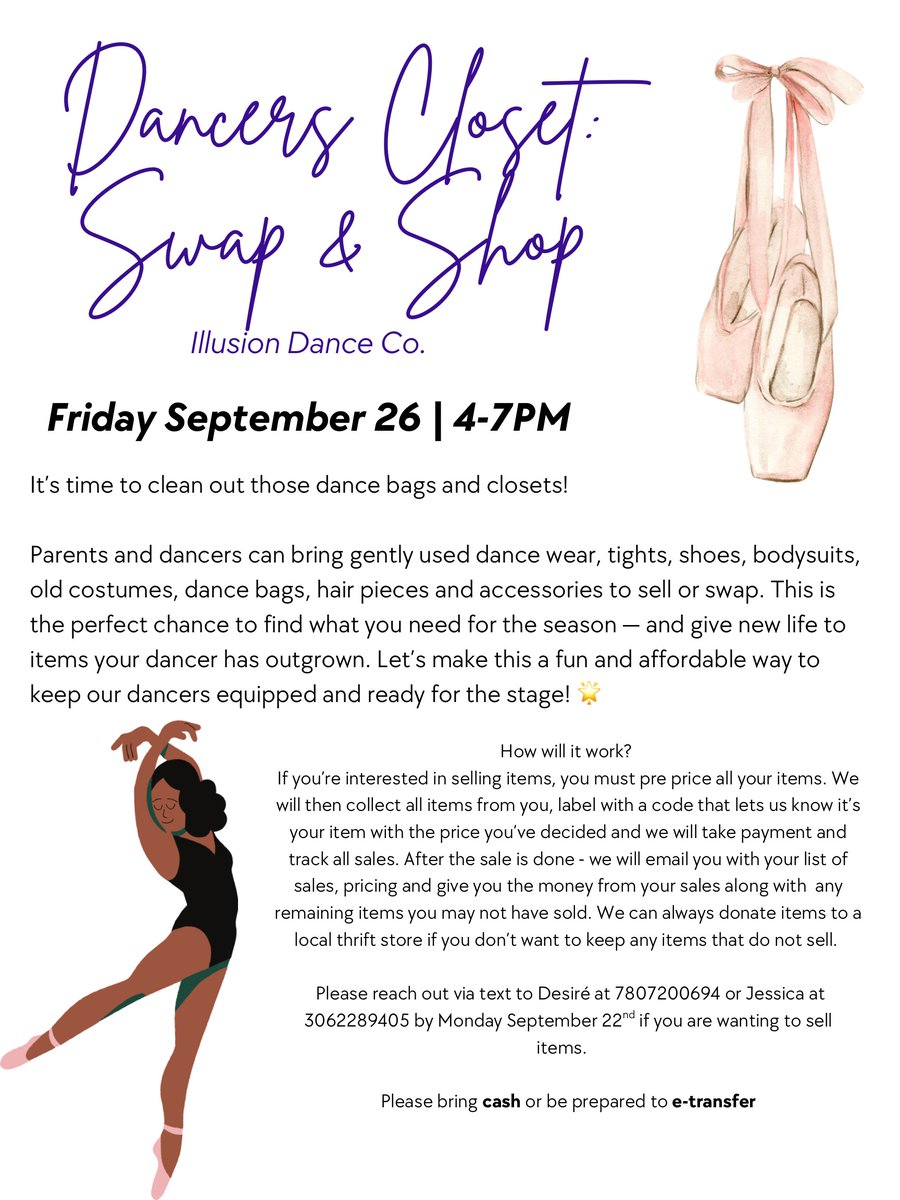 Parents and dancers, Illusion Dance Co. is holding a Swap and Shop on September 26. More information in the poster below.