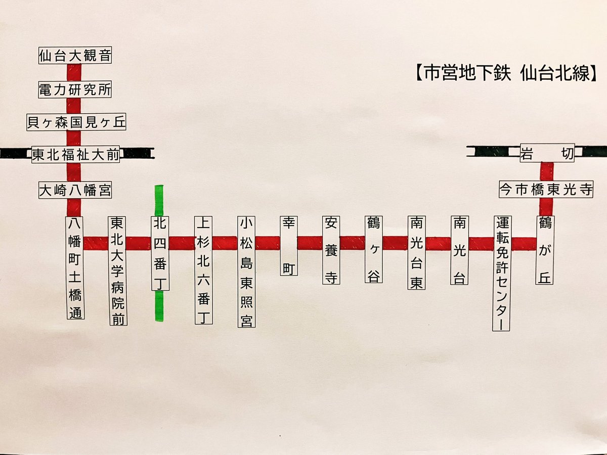 【仙台北線】改訂版どうだっ！乗り換えも分かりやすく表示してみました。そっちでなくウチの方に来て〜といった声もありそうですが、最大公約数って事で。妄想で路線図書くって楽しいですね。何より、お金かからないし。【仙台南線】【仙台環状線】などのご要望にも、いずれお応えしますか…。